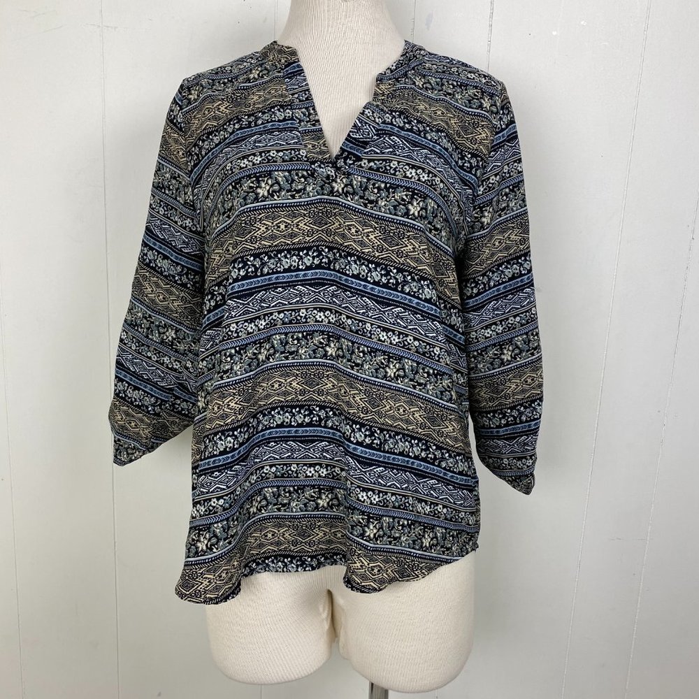 Pink Rose Black & Blue Patterned V-Neck Blouse - Picture 1 of 7